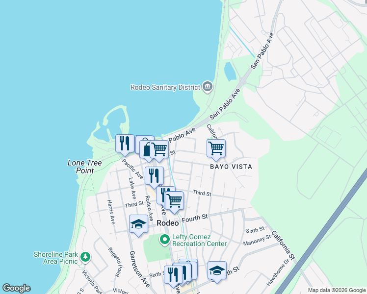 map of restaurants, bars, coffee shops, grocery stores, and more near 745 San Pablo Avenue in Rodeo