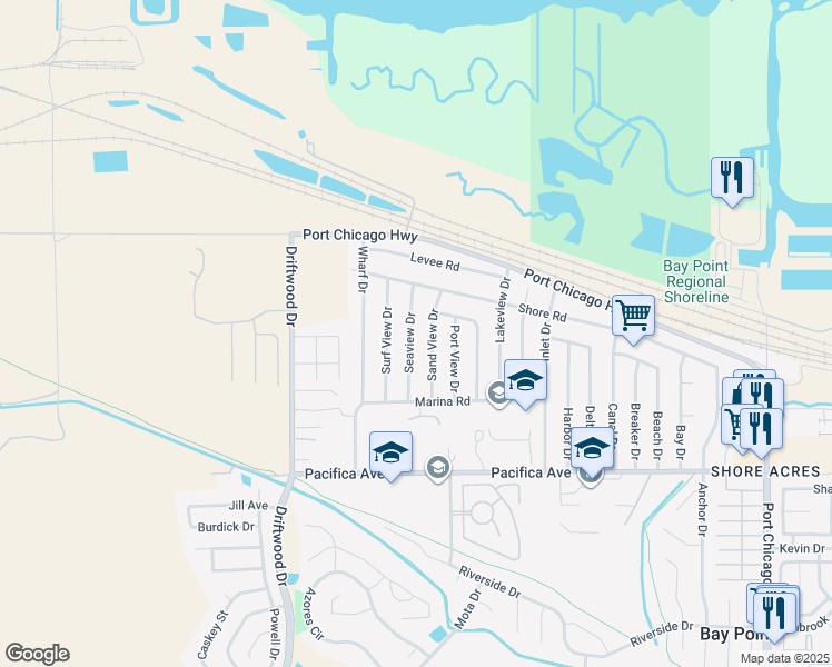 map of restaurants, bars, coffee shops, grocery stores, and more near 26 Seaview Drive in Bay Point