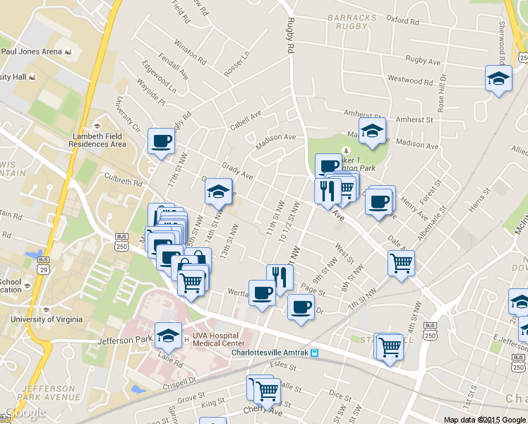 map of restaurants, bars, coffee shops, grocery stores, and more near 1112 Gordon Avenue in Charlottesville