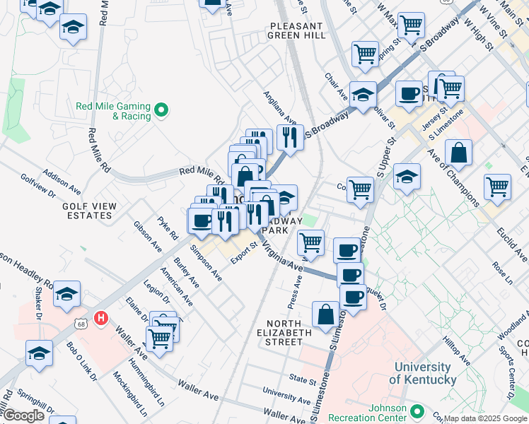 map of restaurants, bars, coffee shops, grocery stores, and more near 356 South Broadway Park in Lexington