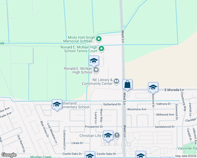 map of restaurants, bars, coffee shops, grocery stores, and more near 9550 Ronald E. McNair Way in Stockton