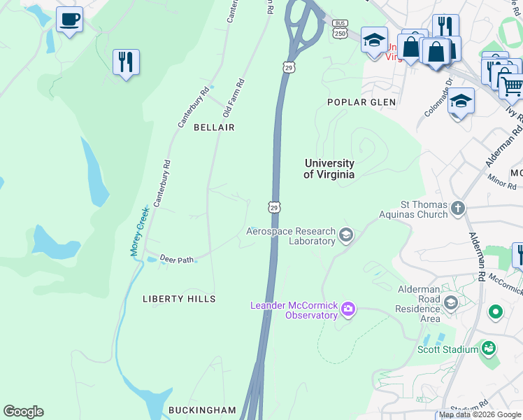 map of restaurants, bars, coffee shops, grocery stores, and more near 18 Deer Path in Charlottesville