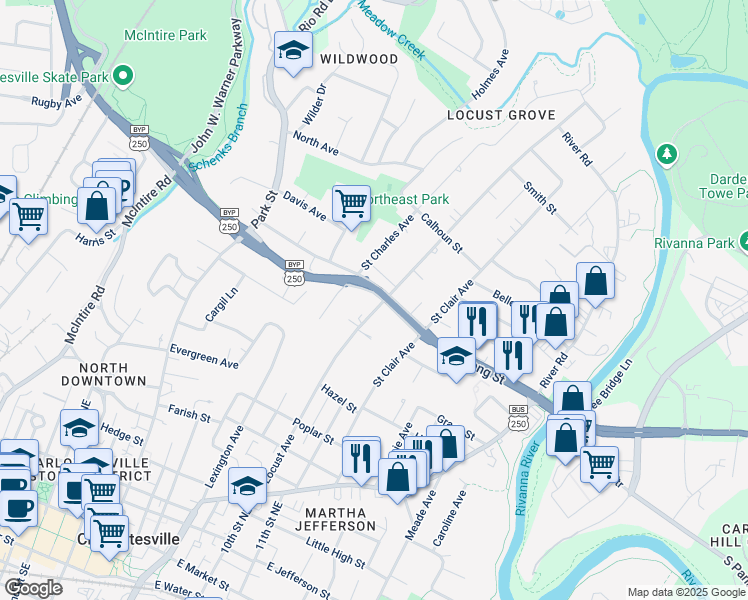 map of restaurants, bars, coffee shops, grocery stores, and more near 887 Locust Avenue in Charlottesville
