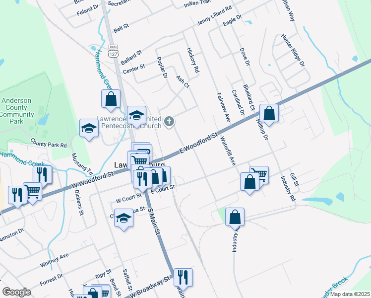 map of restaurants, bars, coffee shops, grocery stores, and more near 241 East Woodford Street in Lawrenceburg