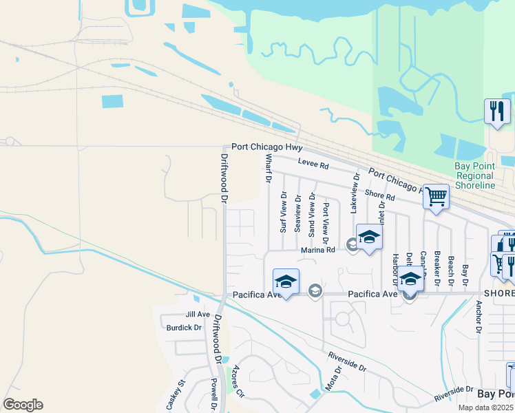 map of restaurants, bars, coffee shops, grocery stores, and more near 66 Driftwood Circle in Bay Point