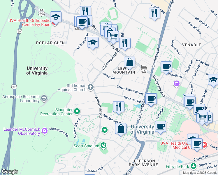 map of restaurants, bars, coffee shops, grocery stores, and more near 1962 Lewis Mountain Road in Charlottesville