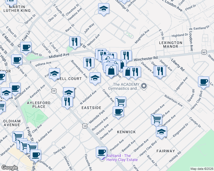 map of restaurants, bars, coffee shops, grocery stores, and more near 815 Aurora Avenue in Lexington