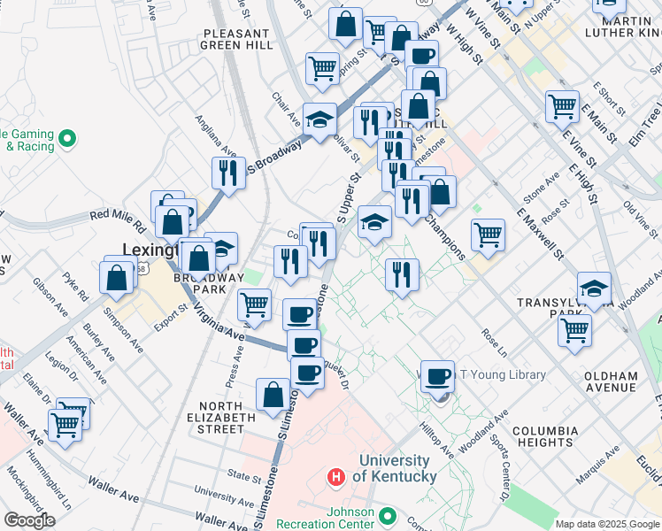 map of restaurants, bars, coffee shops, grocery stores, and more near 550 South Limestone in Lexington