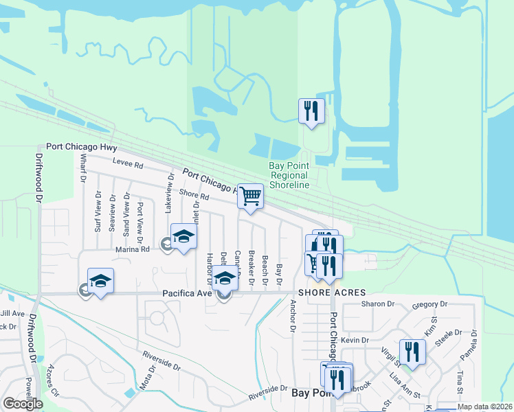 map of restaurants, bars, coffee shops, grocery stores, and more near 160 Shore Road in Bay Point