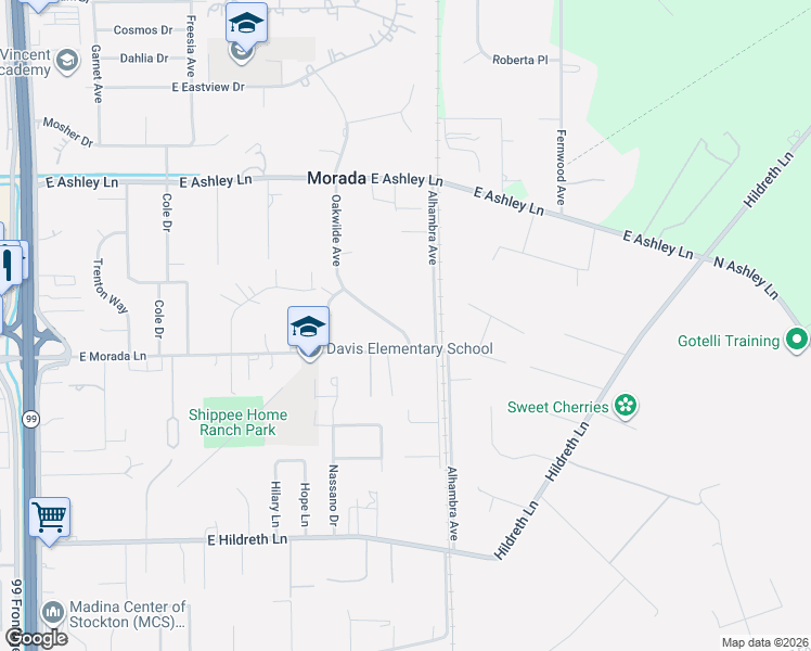 map of restaurants, bars, coffee shops, grocery stores, and more near 9368 Oakwilde Avenue in Stockton