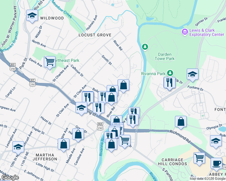 map of restaurants, bars, coffee shops, grocery stores, and more near 1009 Coleman Street in Charlottesville