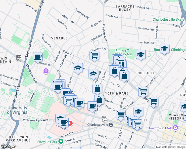 map of restaurants, bars, coffee shops, grocery stores, and more near 1200 Gordon Avenue in Charlottesville