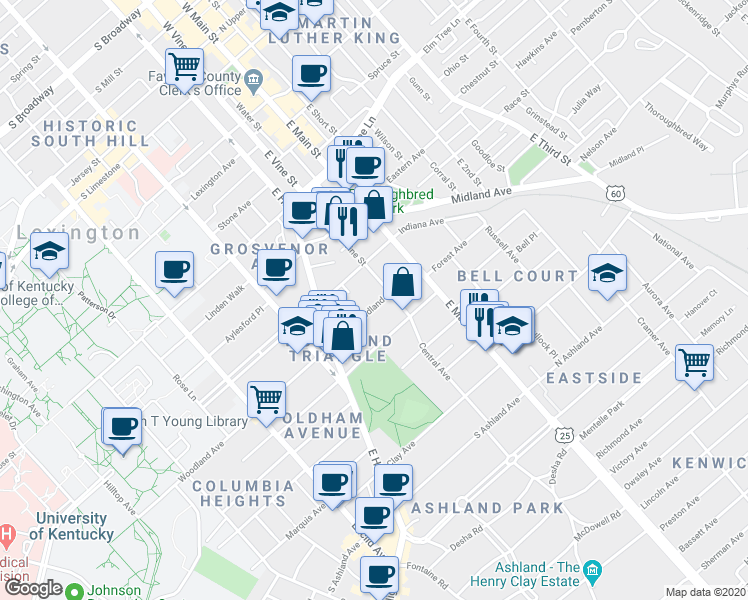 map of restaurants, bars, coffee shops, grocery stores, and more near 127 Woodland Avenue in Lexington