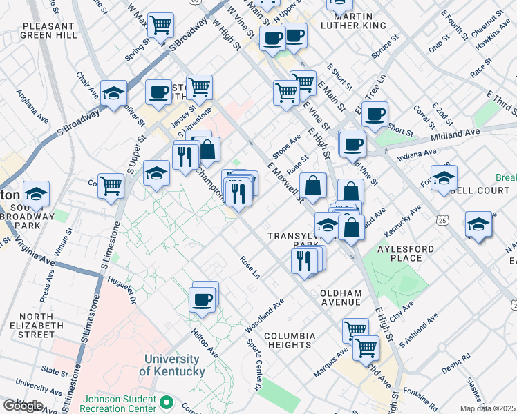 map of restaurants, bars, coffee shops, grocery stores, and more near 324 Rose Street in Lexington
