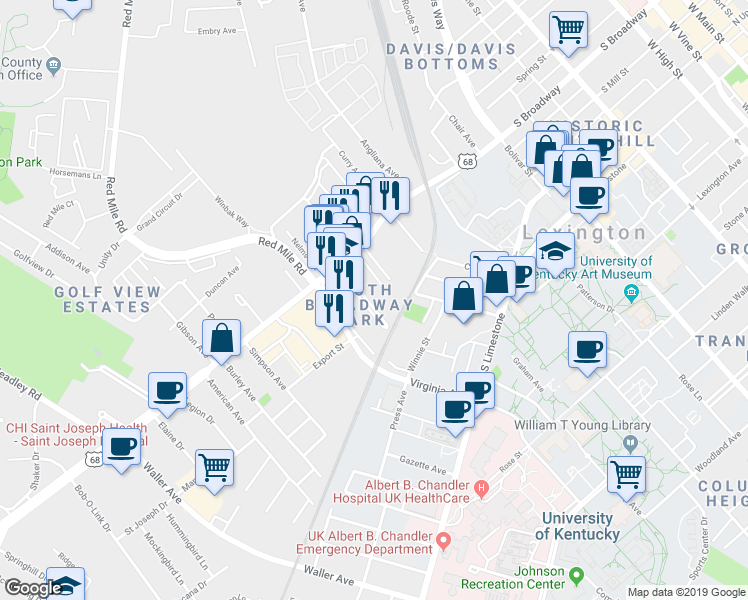 map of restaurants, bars, coffee shops, grocery stores, and more near 349 South Broadway Park in Lexington
