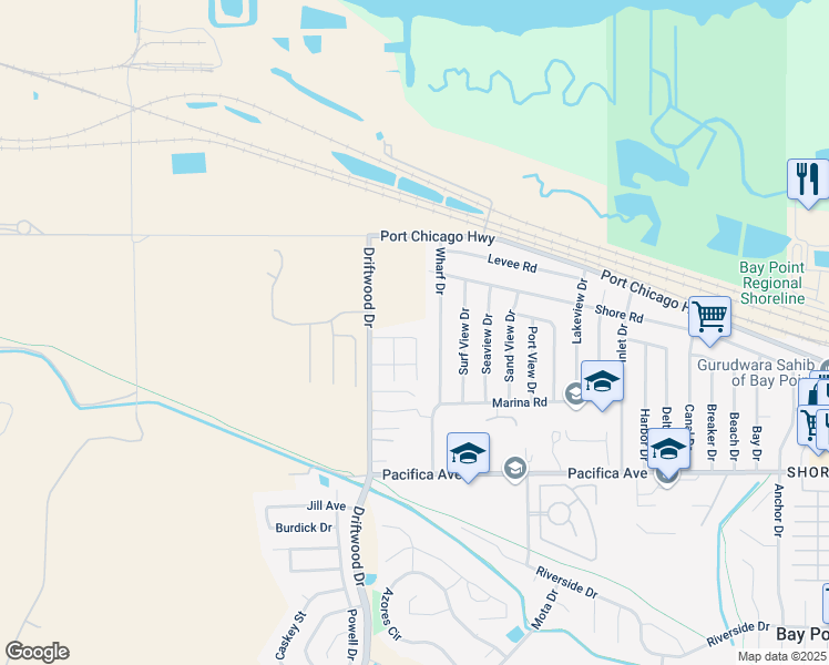 map of restaurants, bars, coffee shops, grocery stores, and more near 66 Driftwood Circle in Bay Point