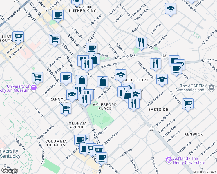 map of restaurants, bars, coffee shops, grocery stores, and more near 109 Kentucky Avenue in Lexington