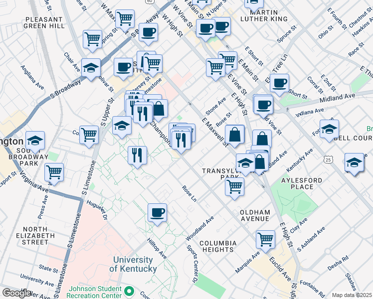 map of restaurants, bars, coffee shops, grocery stores, and more near 379 Rose Street in Lexington