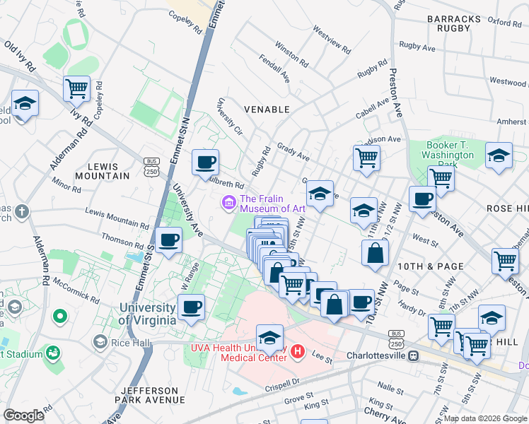 map of restaurants, bars, coffee shops, grocery stores, and more near 167 Chancellor Street in Charlottesville