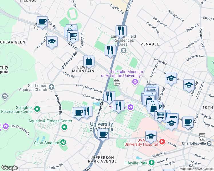 map of restaurants, bars, coffee shops, grocery stores, and more near 400 Emmet Street South in Charlottesville