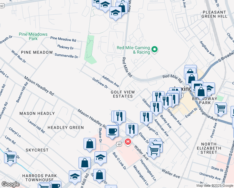 map of restaurants, bars, coffee shops, grocery stores, and more near 622 Golfview Drive in Lexington