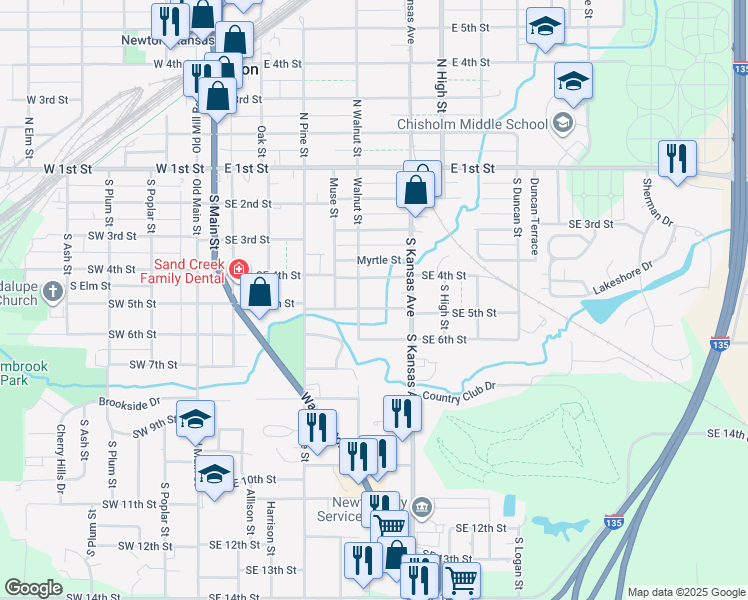 map of restaurants, bars, coffee shops, grocery stores, and more near 610 Southeast 5th Street in Newton