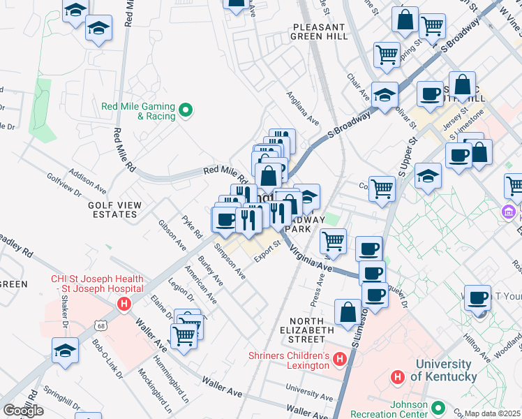 map of restaurants, bars, coffee shops, grocery stores, and more near 1008 South Broadway Road in Lexington