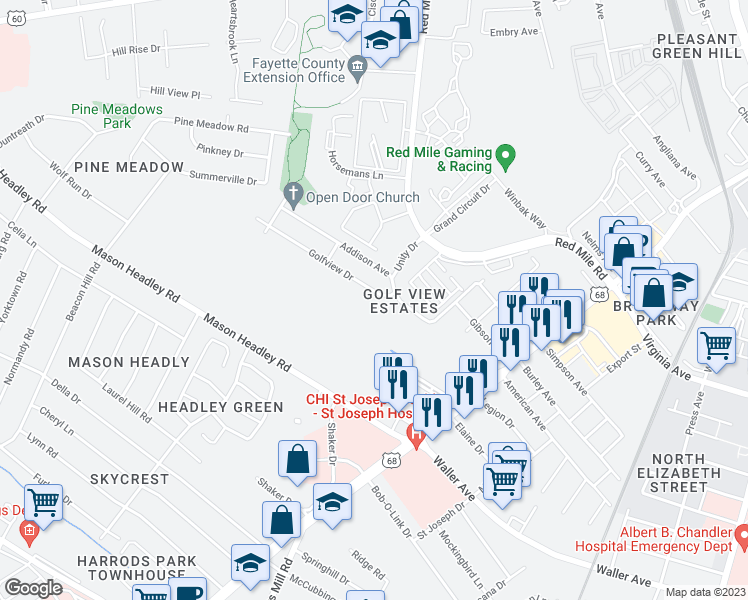 map of restaurants, bars, coffee shops, grocery stores, and more near 626 Golfview Drive in Lexington