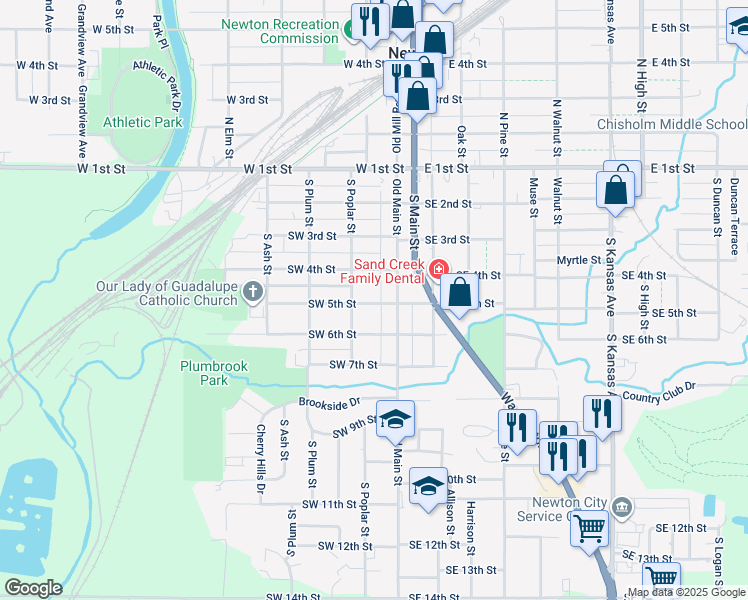 map of restaurants, bars, coffee shops, grocery stores, and more near 118 Southwest 5th Street in Newton