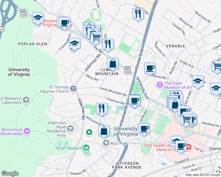 map of restaurants, bars, coffee shops, grocery stores, and more near 1933 Lewis Mountain Road in Charlottesville