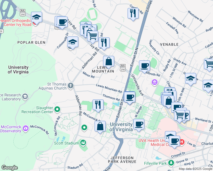 map of restaurants, bars, coffee shops, grocery stores, and more near 1933 Lewis Mountain Road in Charlottesville