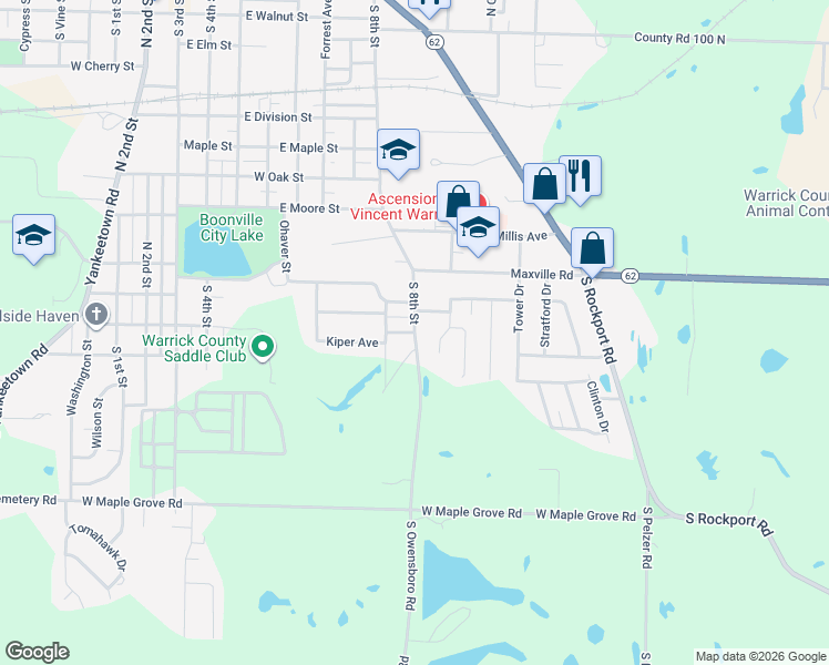 map of restaurants, bars, coffee shops, grocery stores, and more near 800 Columbia Street in Boonville