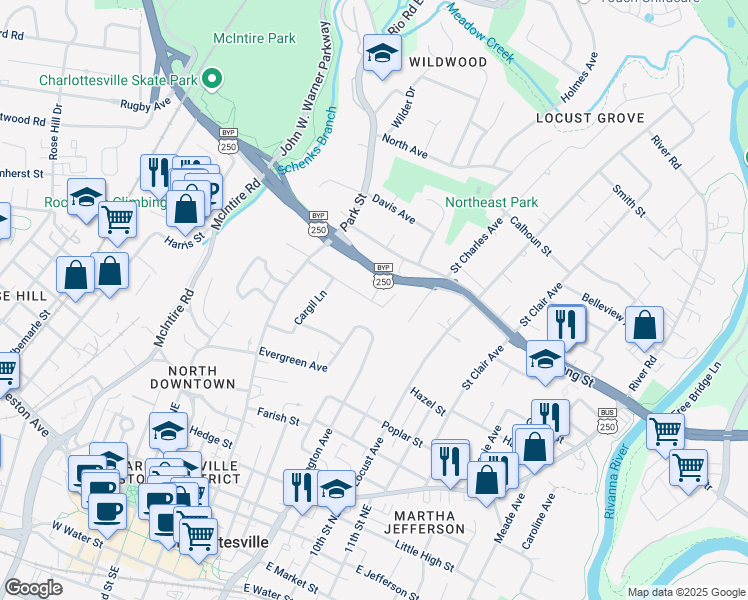 map of restaurants, bars, coffee shops, grocery stores, and more near 721 Lyons Avenue in Charlottesville