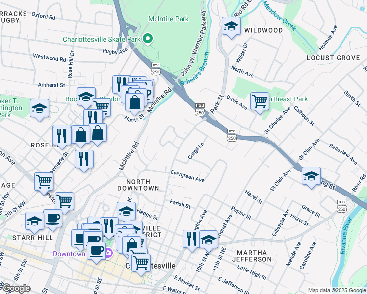 map of restaurants, bars, coffee shops, grocery stores, and more near 718 Park Street in Charlottesville