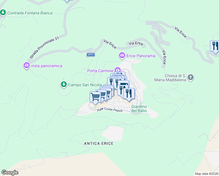 map of restaurants, bars, coffee shops, grocery stores, and more near 27 Via Luigi Rabatà in Erice