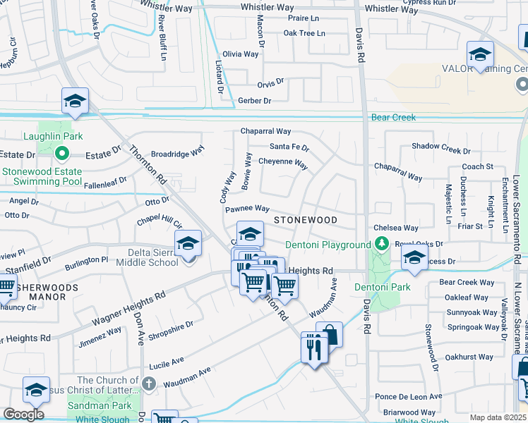 map of restaurants, bars, coffee shops, grocery stores, and more near 1956 Pawnee Way in Stockton