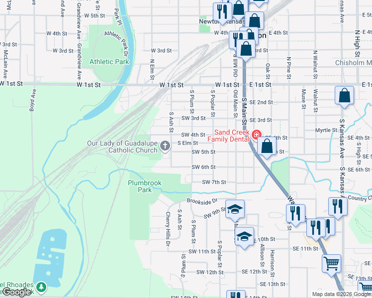map of restaurants, bars, coffee shops, grocery stores, and more near 425 South Plum Street in Newton