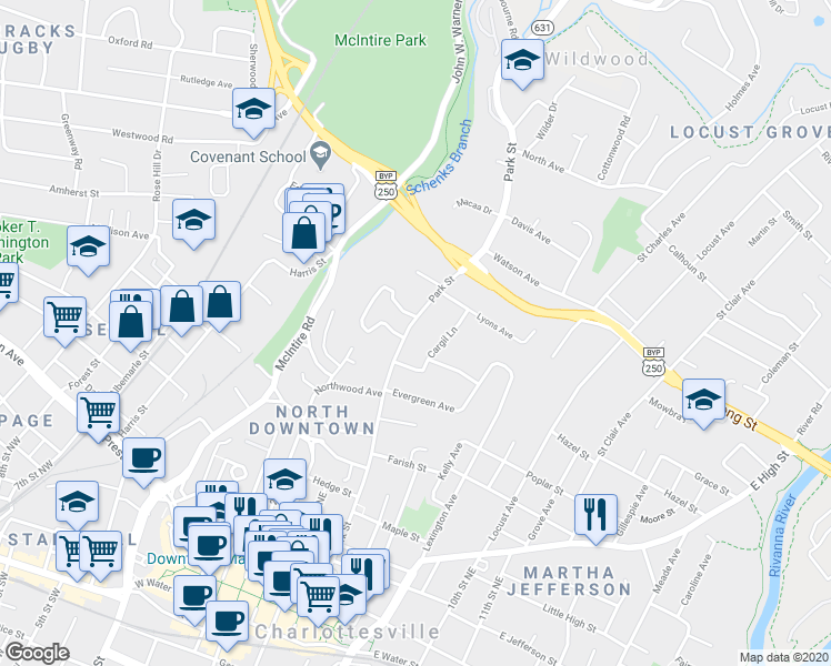 map of restaurants, bars, coffee shops, grocery stores, and more near 722 Park Street in Charlottesville