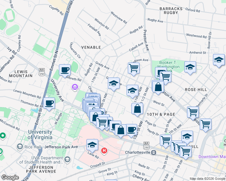 map of restaurants, bars, coffee shops, grocery stores, and more near 410 15th Street Northwest in Charlottesville