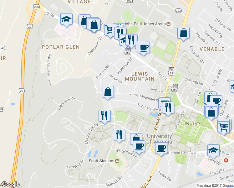 map of restaurants, bars, coffee shops, grocery stores, and more near 2003 Lewis Mountain Road in Charlottesville