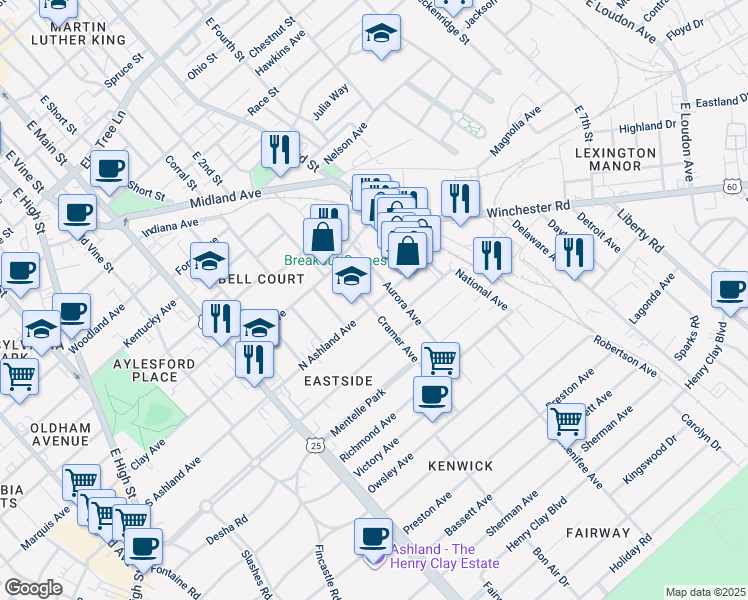 map of restaurants, bars, coffee shops, grocery stores, and more near 733 Cramer Avenue in Lexington