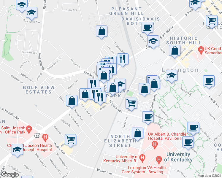map of restaurants, bars, coffee shops, grocery stores, and more near 349 South Broadway Park in Lexington