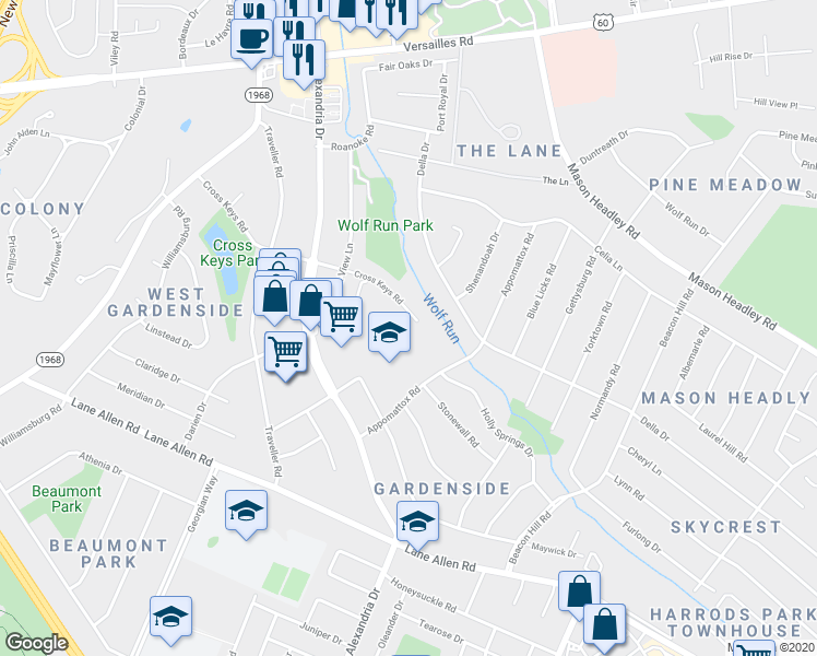 map of restaurants, bars, coffee shops, grocery stores, and more near 1028 Cross Keys Road in Lexington
