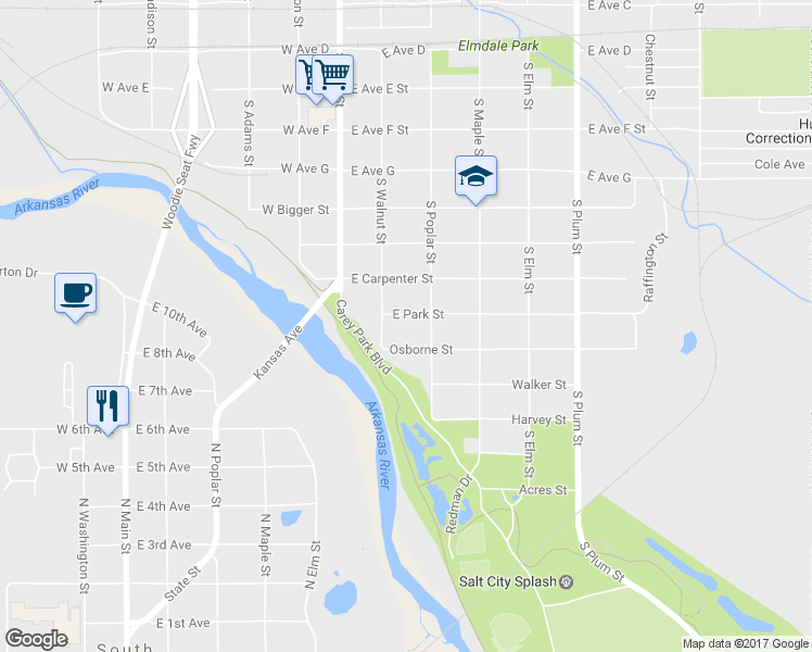 map of restaurants, bars, coffee shops, grocery stores, and more near 115 East Park Street in Hutchinson