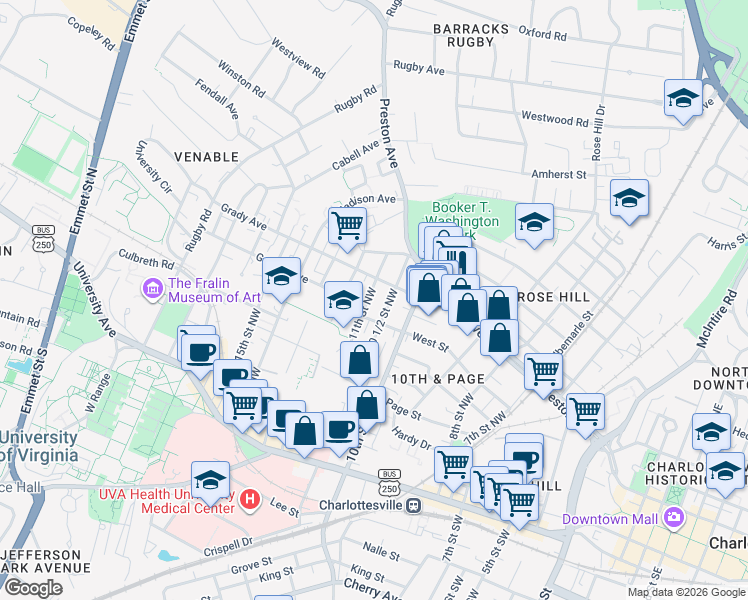 map of restaurants, bars, coffee shops, grocery stores, and more near 516 11th Street Northwest in Charlottesville