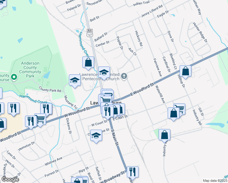 map of restaurants, bars, coffee shops, grocery stores, and more near 105 Posey Street in Lawrenceburg