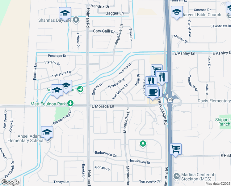 map of restaurants, bars, coffee shops, grocery stores, and more near 3727 San Marco Drive in Stockton