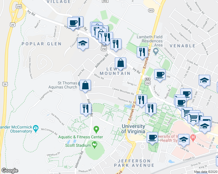 map of restaurants, bars, coffee shops, grocery stores, and more near Lewis Mountain Road in Charlottesville