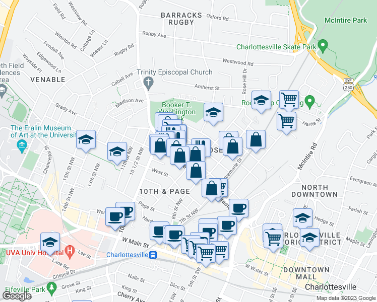 map of restaurants, bars, coffee shops, grocery stores, and more near 629 Booker Street in Charlottesville