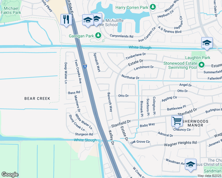 map of restaurants, bars, coffee shops, grocery stores, and more near 9634 Bancroft Way in Stockton